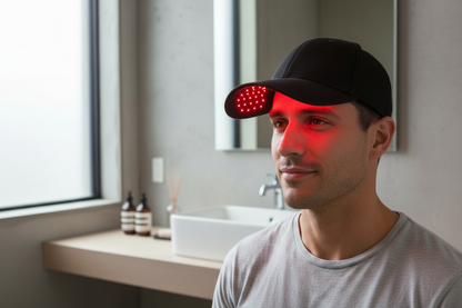 Man with Shirt Wearing Red Light Therapy Cap