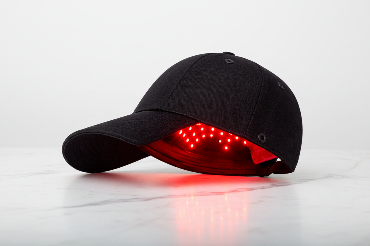 Red Light Therapy Cap on White Marble